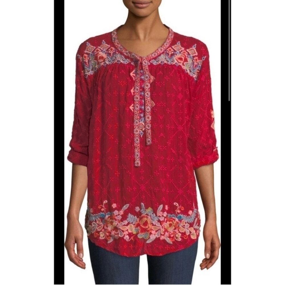 Johnny Was Gina Embroidered Tie V-Neck Roll Tab Sleeve Blouse Size XS Red Aztec